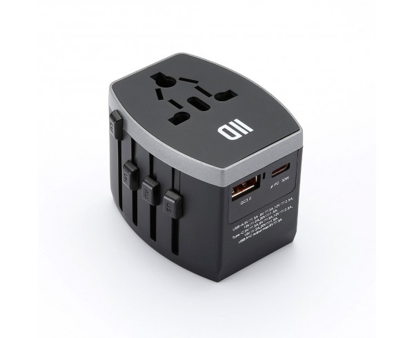 Adaptateur de voyage universel multi-pays avec 1 port USB A + 1 port USB-C - fast charge 30W - type de prises UK/US/AU/EU